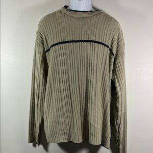 Utility Sweater Men Size XL Ribbed Knit Beige w Navy Trim Crew Neck Relaxed Fit